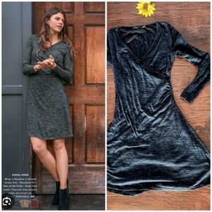 prAna Blue Black Marled Knit Faux Wrap Long Sleeve Dress 🩵